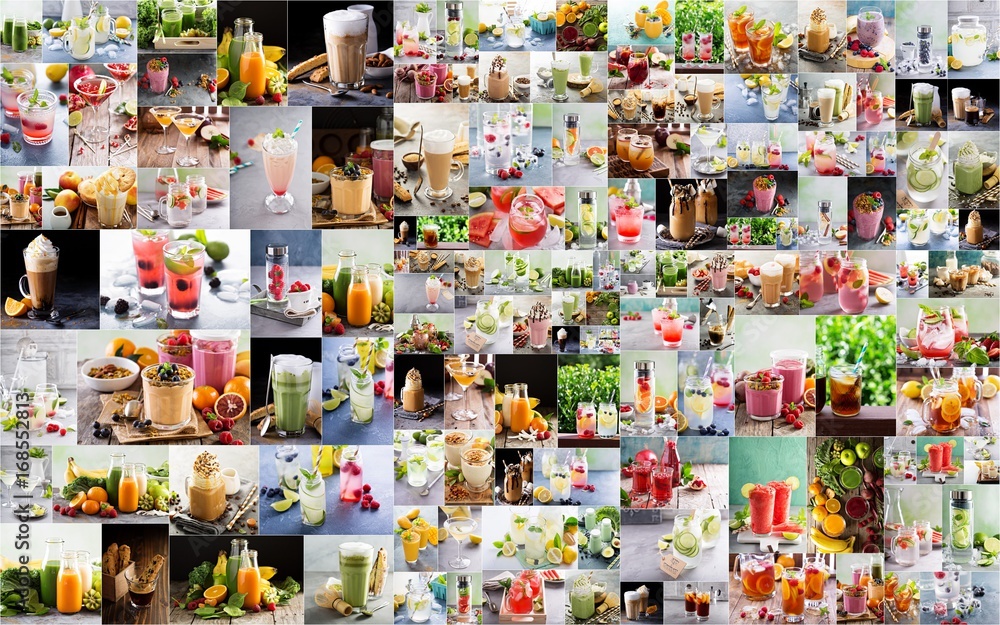 Large collage with various warm and hot drinks