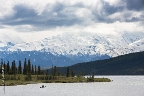Kayak in Wonder Lake with Mt. McKinley in the background, Denali National Park Alaska, USA.