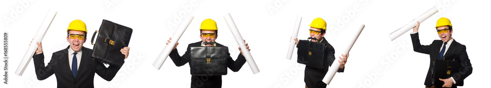 Funny architect with drawings on white