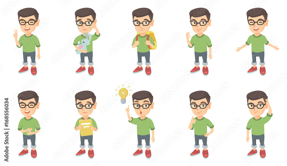 Little caucasian boy set. Boy in glasses showing victory gesture, ok sign, crying, pointing finger at bulb, giving thumb up. Set of vector sketch cartoon illustrations isolated on white background. Little caucasian boy set. Boy in glasses showing victory gesture, ok sign, crying, pointing finger at bulb, giving thumb up. Set of vector sketch cartoon illustrations isolated on white background.