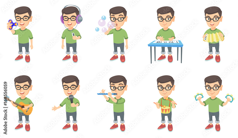 Little caucasian boy set. Boy blowing soap bubbles, playing the piano, accordion, acoustic guitar, flute, drum, tambourine. Set of vector sketch cartoon illustrations isolated on white background.