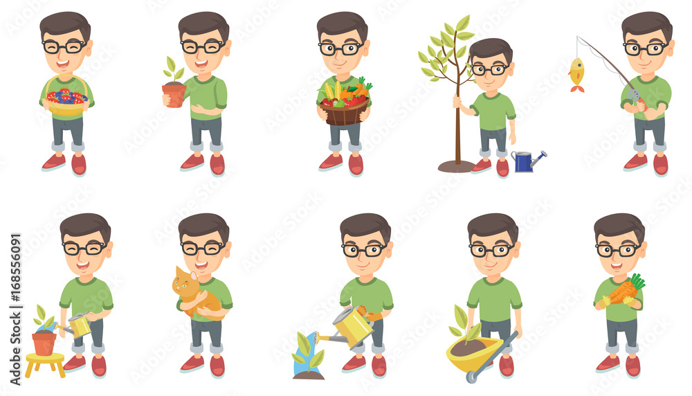 Little caucasian boy set. Boy holding the basket with strawberry, blueberry, fruit, vegetables, watering plant, planting a tree. Set of vector sketch cartoon illustrations isolated on white background
