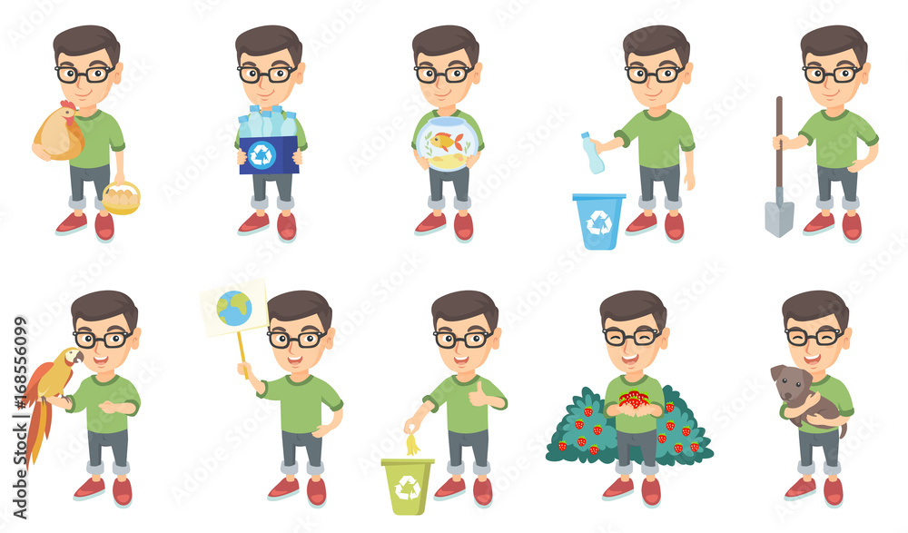 Little caucasian boy set. Boy holding chicken and hen eggs, recycling bin full of plastic bottles, aquarium with goldfish. Set of vector sketch cartoon illustrations isolated on white background.