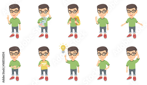 Little caucasian boy set. Boy in glasses showing victory gesture, ok sign, crying, pointing finger at bulb, giving thumb up. Set of vector sketch cartoon illustrations isolated on white background.