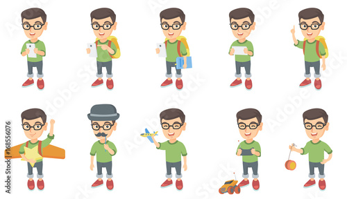 Little caucasian boy set. Boy using a smartphone, pointing finger up, playing with toy airplane, radio-controlled car, yo-yo. Set of vector sketch cartoon illustrations isolated on white background.
