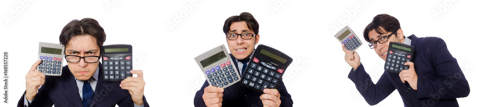 Funny man with calculator isolated on white Funny man with calculator isolated on white