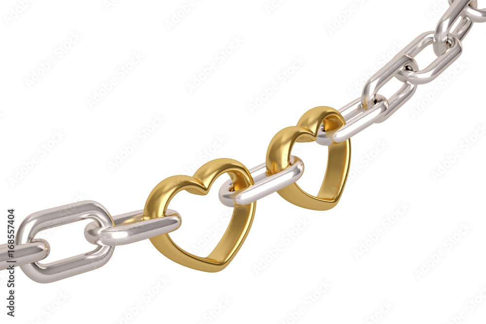 Silver chain with two gold heart links on white background.3D illustration. Silver chain with two gold heart links on white background.3D illustration.