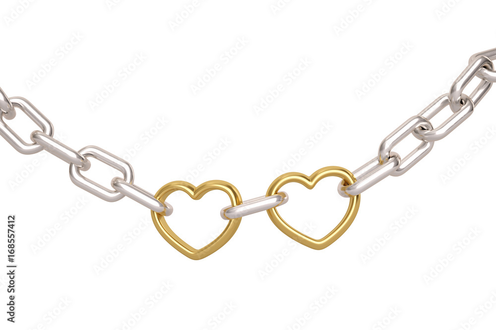 Silver chain with two gold heart links on white background.3D illustration. Silver chain with two gold heart links on white background.3D illustration.