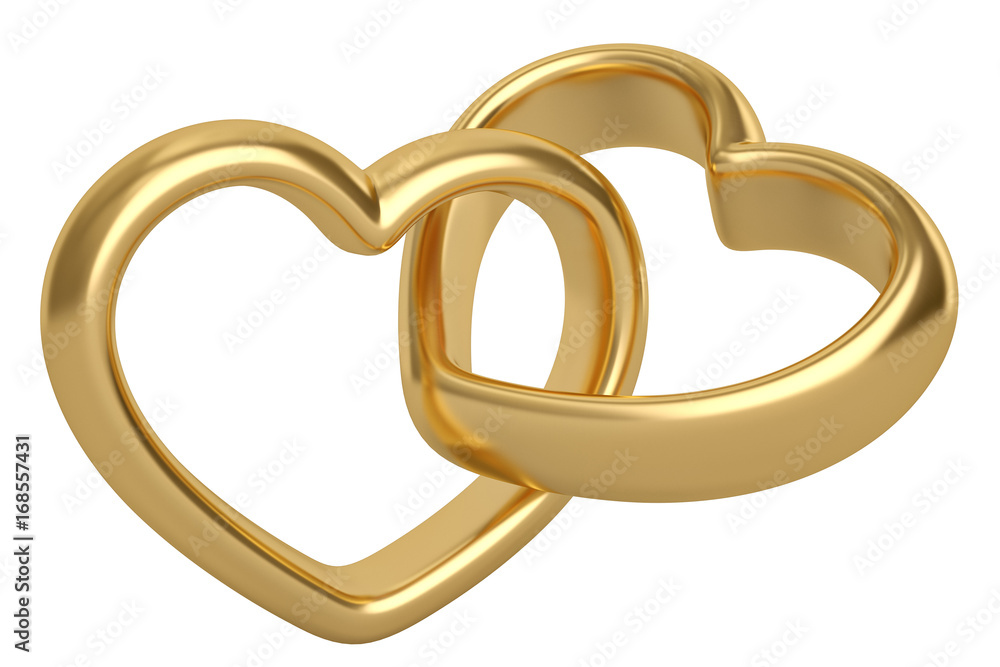 Heart shaped gold rings on white background.3D illustration. Heart shaped gold rings on white background.3D illustration.