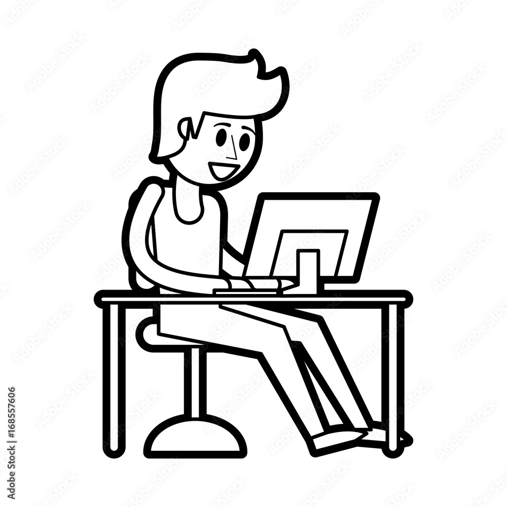 Flat line uncolored man at desk with computer over white background vector illustration