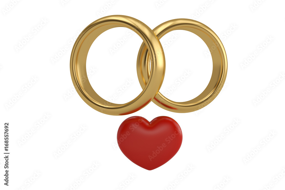 Red heart and gold ring on white background.3D illustration. Red heart and gold ring on white background.3D illustration.