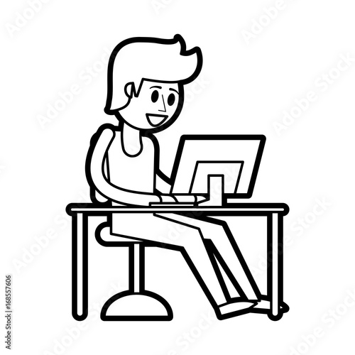 Flat line uncolored man at desk with computer over white background vector illustration © Jemastock
