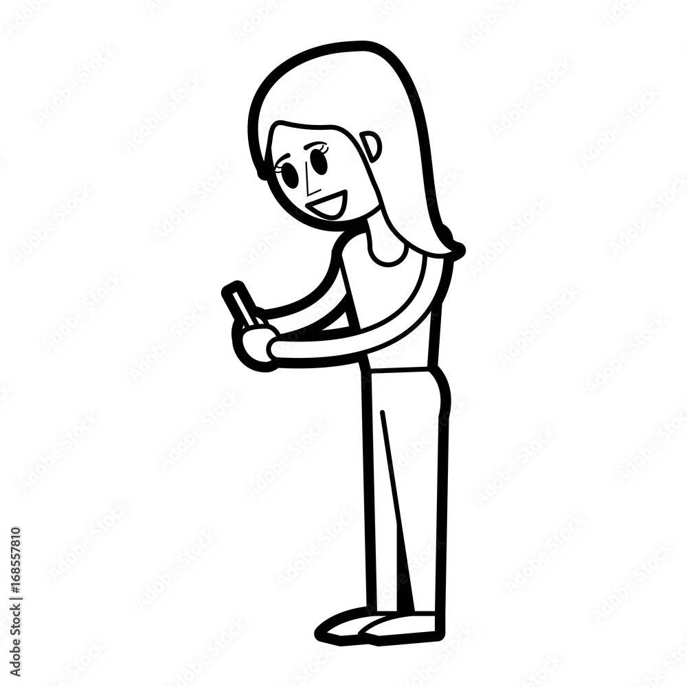 Flat line uncolored standing woman with smartphone over white background vector illustration Flat line uncolored standing woman with smartphone over white background vector illustration