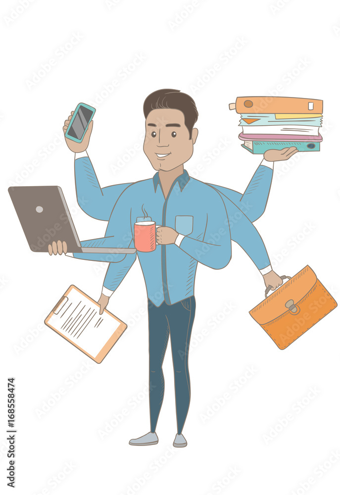 Hispanic businessman with many legs and hands coping with multitasking Hispanic businessman with many legs and hands coping with multitasking