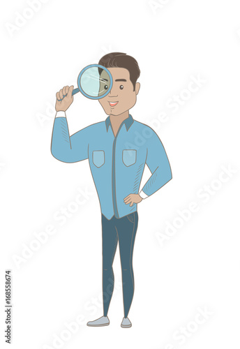 Young hispanic businessman using a magnifying glass for search. Businessman looking through a magnifying glass. Concept of search. Vector sketch cartoon illustration isolated on white background.