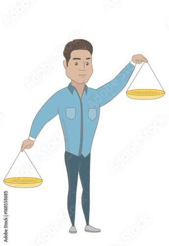 Hispanic businessman holding balance scale. Young businessman with a balance scale in hands trying to make a right decision in business. Vector sketch cartoon illustration isolated on white background