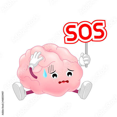 Human brain character holding SOS sign. Brain requires care or medical treatment due to disease or impact of adverse on health. health care concept. Illustration isolated on white background.