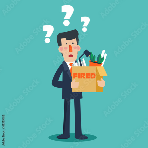 Dismissed frustrated business man holding a box with his things with inscription " Fired". Unemployment, crisis, jobless and employee job reduction concept vector design