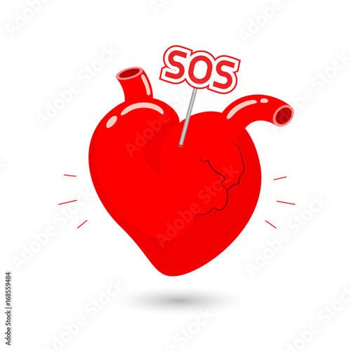 Human heart symbol with SOS sign. Internal organ requires care or medical treatment due to disease or impact of adverse on health. health care concept. Illustration isolated on white background.