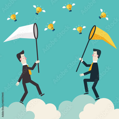 Two businessmen running on clouds and trying to catch a light bulb idea in the sky. Competition and rivals vector concept design. Partnership, cooperation and teamwork in business illustration