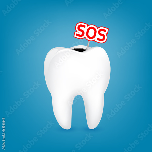 Tooth symbol with SOS sign. Human body part requires care or medical treatment due to disease or impact of adverse on health. Dental care concept. Illustration isolated on white background.