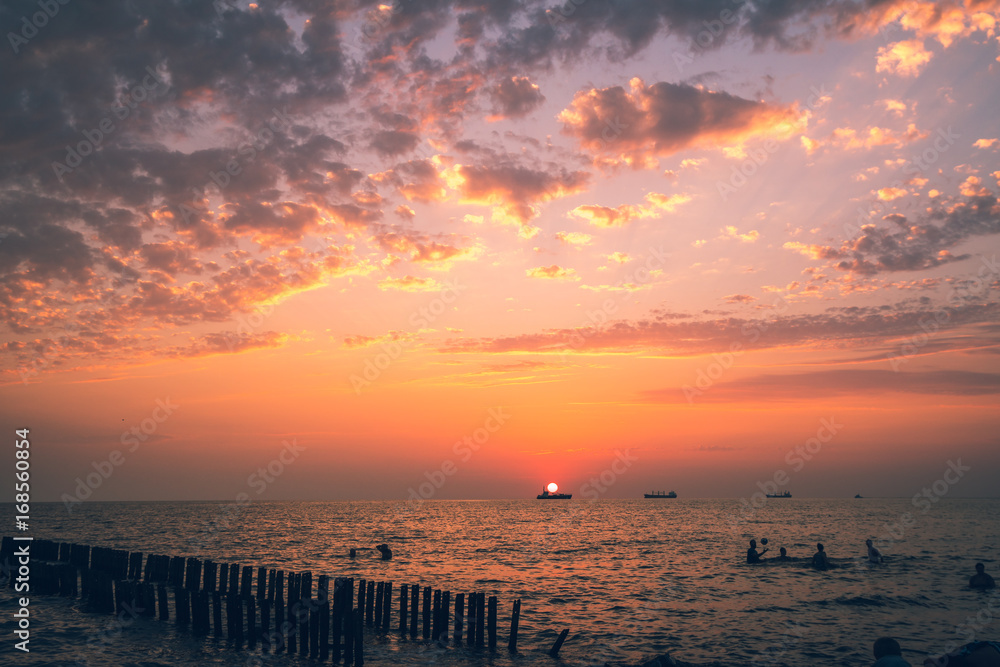 Beautiful sunset on the Black sea. Gold sea sunset.Poti, Georgia Beautiful sunset on the Black sea. Gold sea sunset.Poti, Georgia