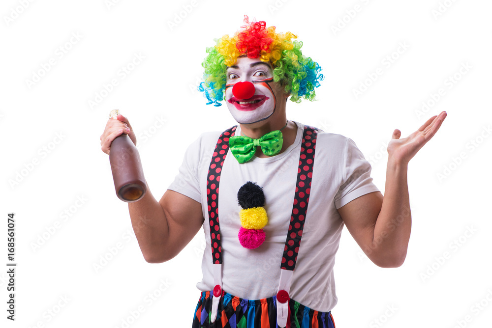 Funny clown with a bottle isolated on white background Funny clown with a bottle isolated on white background