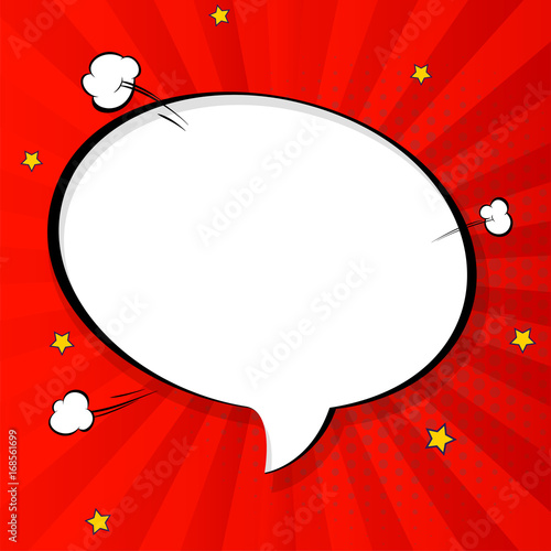 Pop art chat bubble in comics book style, blank layout template with halftone dots, comic speech bubble. Clouds beams and isolated dots pattern. Thoughts bubble in pop art comics style on red.
