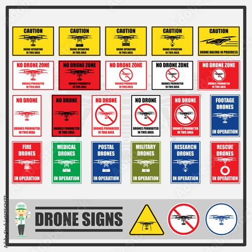 Set of signs and symbols of drones, Signs and symbols for drone operations and drone safety warning