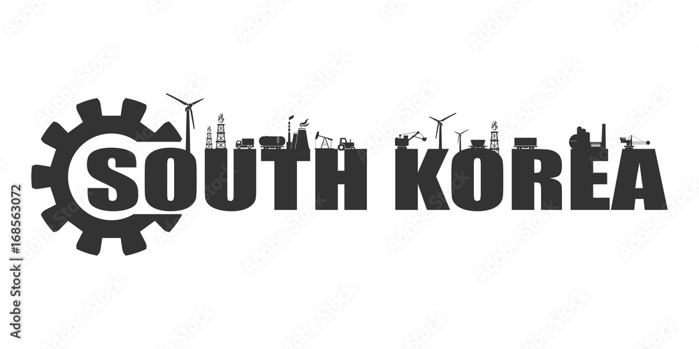 Energy and Power icons. Sustainable energy generation and heavy industry. Vector illustration. South Korea word decorated by gear