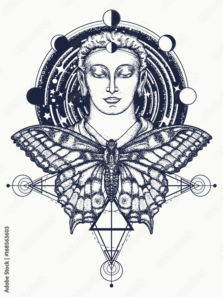 Buddha and butterfly tattoo. Buddha face tattoo art. Symbol of immortality,  enlightenment, religion, magic. Space god Buddha and butterfly in deep  space t-shirt design. Buddhism tattoo Stock Vector | Adobe Stock