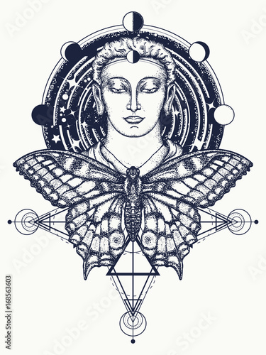 Buddha and butterfly tattoo. Buddha face tattoo art. Symbol of immortality, enlightenment, religion, magic. Space god Buddha and butterfly in deep space t-shirt design. Buddhism tattoo