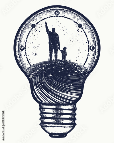 Father and son in lightbulb, surreal tattoo art. Happy family of the future. Father teaches son to dream, life education. Immortality of human life t-shirt design