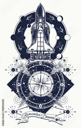 Space shuttle, compass and crossed arrows tattoo art. Symbol of space research, flight to new galaxies, tourism, adventure, travel. Space shuttle taking off on mission t-shirt design