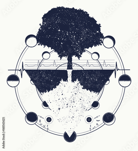 Tree of Life tattoo art, geometrical style, mystic tribal symbol. Future and the past, symbol of life and death, magic tree tattoo boho style. Magic tree t-shirt design