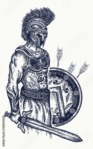 Warrior tattoo and t-shirt design. Gladiator spartan warrior holding sword and shield tattoo art. Symbol of bravery, force, army, hero. Legionary of ancient Rome and ancient Greece