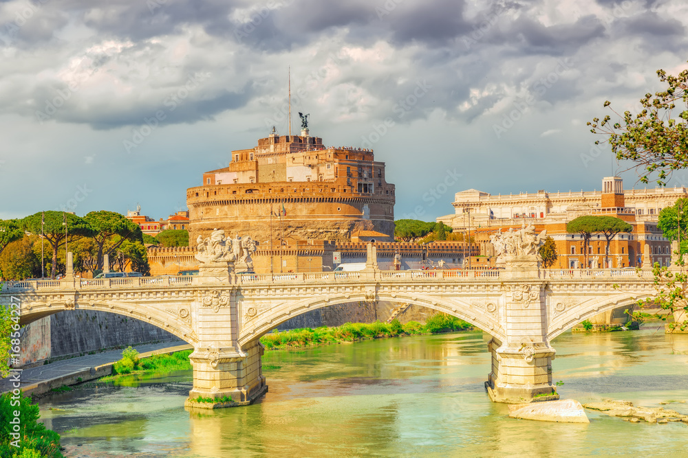 The Tiber River, Ponte Sant'Angelo Bridge, Sant'Angelo Castle. Rome, Italy.