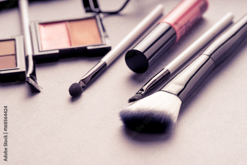 Set of Makeup cosmetics products with bag on top view, vintage style Set of Makeup cosmetics products with bag on top view, vintage style
