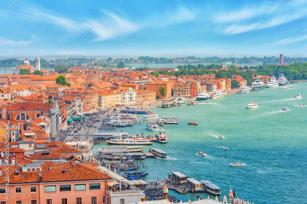 Panoramic view of Venice from the Campanile tower of St. Mark's Cathedral (Campanile di San Marco)- seafront promenade near St. Mark's Square. Italy.