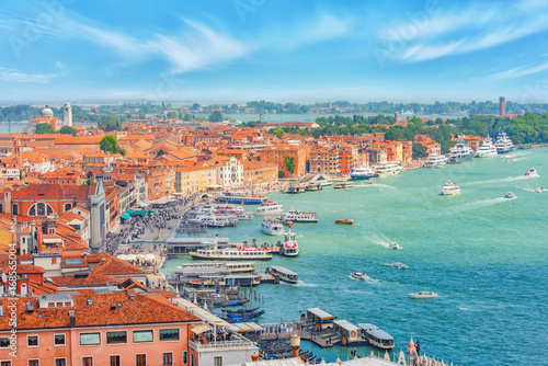 Panoramic view of Venice from the Campanile tower of St. Mark's Cathedral (Campanile di San Marco)- seafront promenade near St. Mark's Square. Italy.