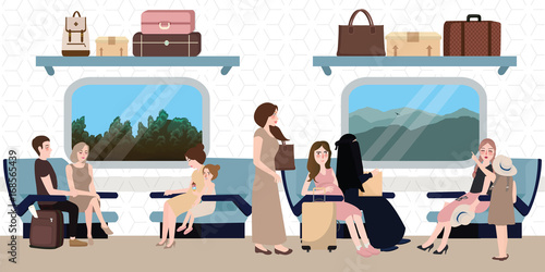 inside train business class situation people sitting travel for long distance with luggage and window tourism bag above