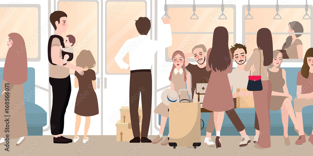 inside busy train full of passenger commuter standing and sitting people using public transportation in rush hour male and female vector cartoon illustration