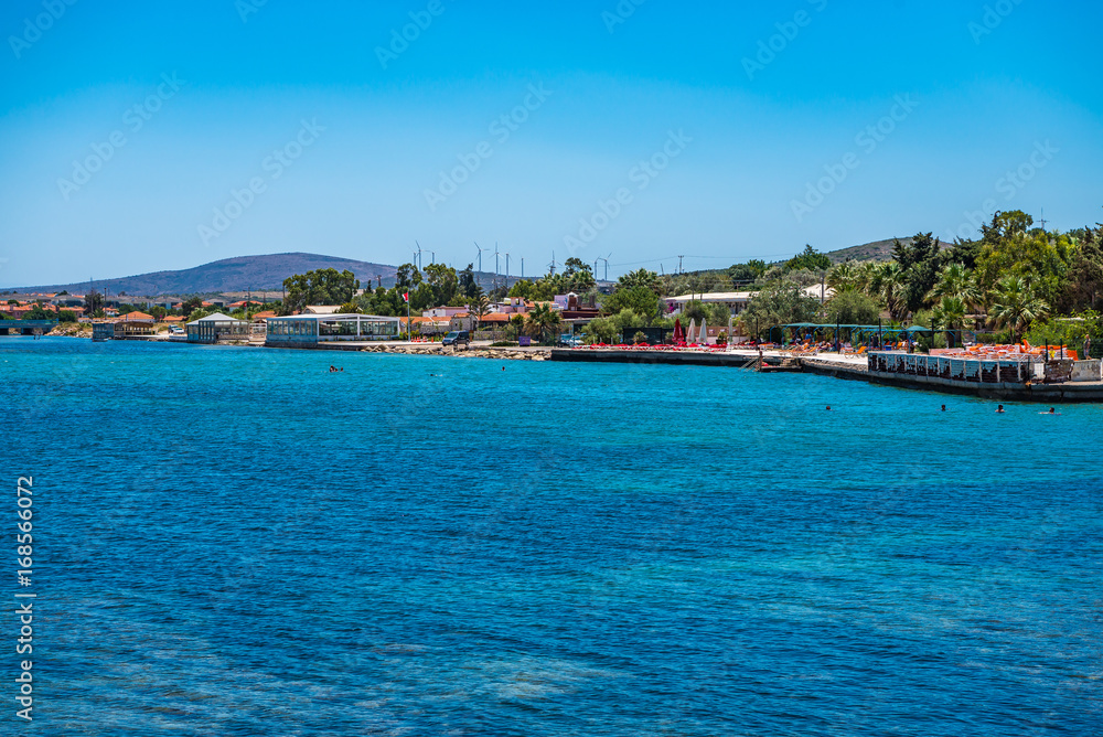 Cesme, Turkey - July 07, 2017 : Sifne Beach view in July. Sifne is popular tourist destination Cesme, Turkey - July 07, 2017 : Sifne Beach view in July. Sifne is popular tourist destination