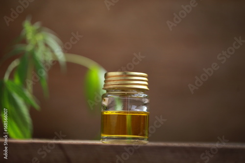 Fototapeta Naklejka Na Ścianę i Meble -  A cannabis leaf and a bottle of hemp oil on a wooden table