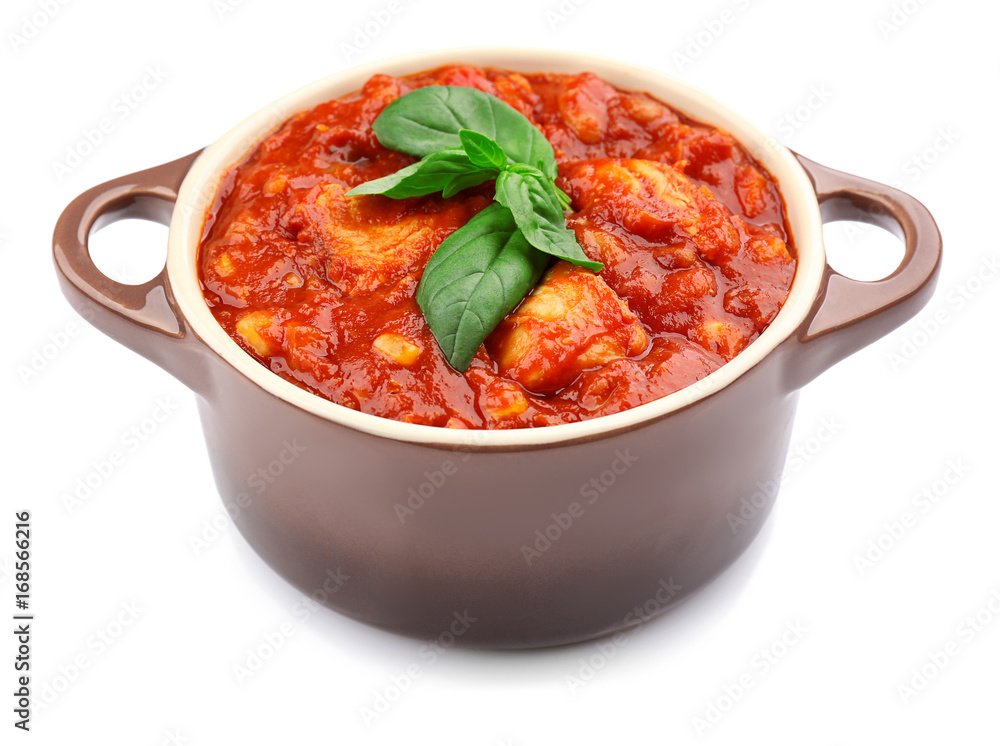 Casserole with delicious chili turkey on white background Casserole with delicious chili turkey on white background