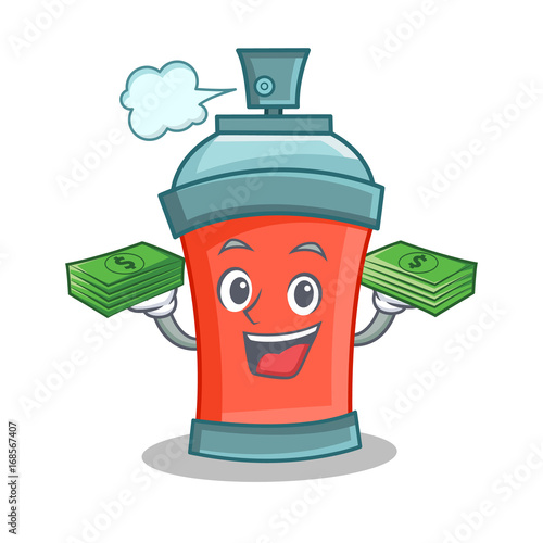 aerosol spray can character cartoon with money