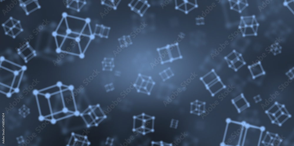 Cubes from spheres and lines on a blue background. 3d render illustration.