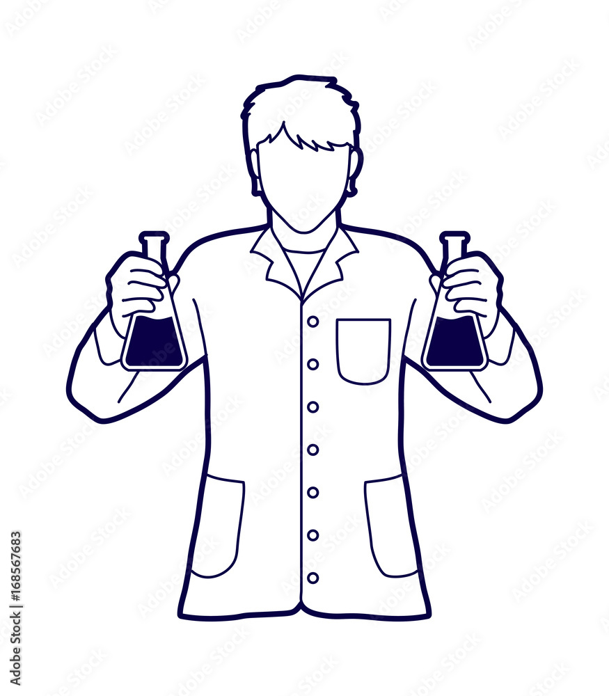 Scientist with flask chemical outline graphic vector Scientist with flask chemical outline graphic vector