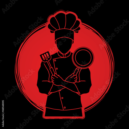 Chef cook standing crossed arms with pan and spatula designed on sunlight background graphic vector.