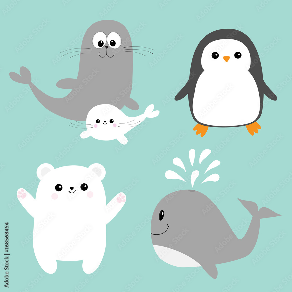 Arctic polar animal icon set. White bear, penguin bird, Seal pup baby harp sea  lion whale. Kids education cards. Cute cartoon character. Blue background  Isolated. Flat design. Stock Vector | Adobe Stock